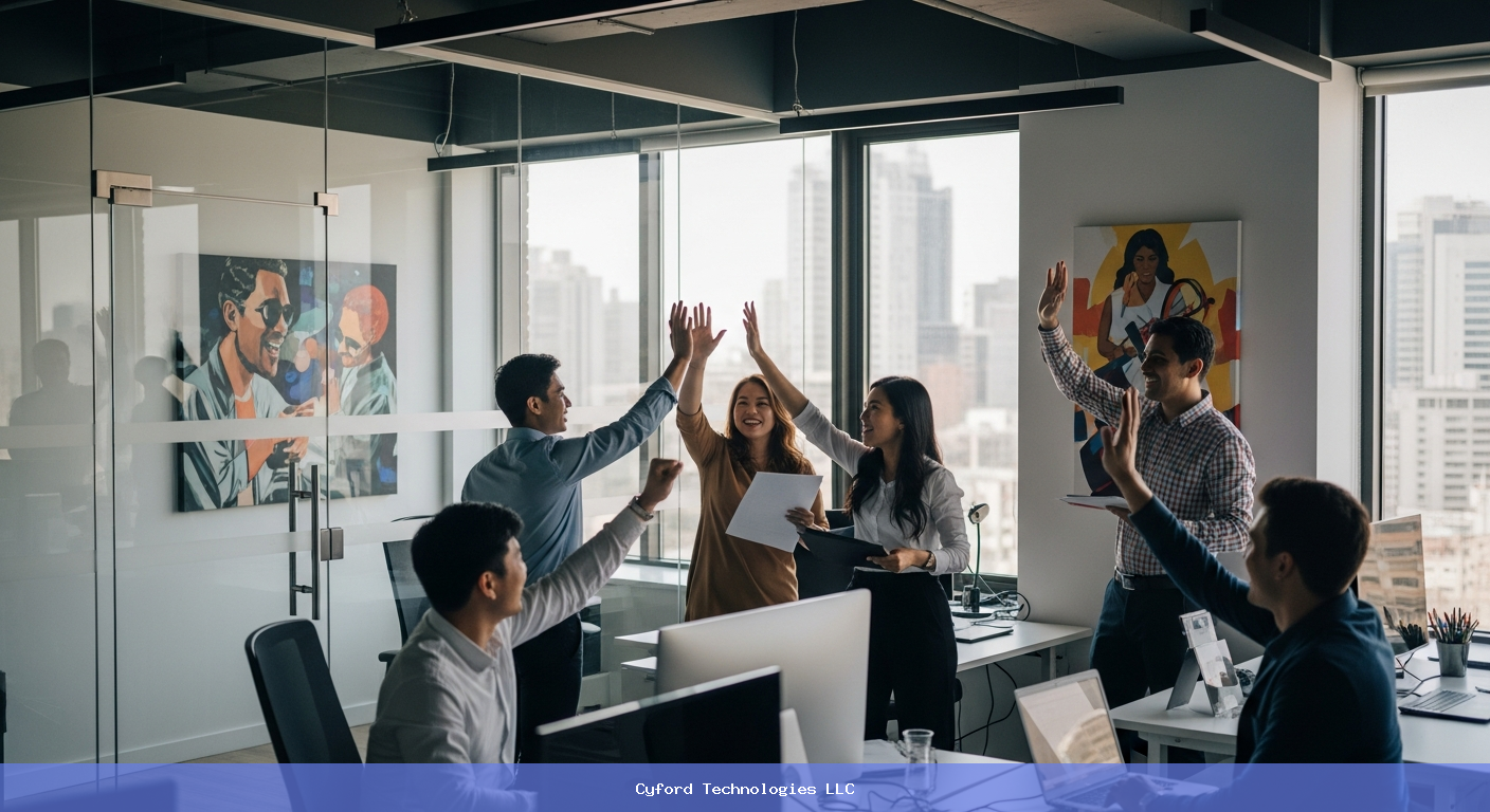 startup team celebrating success in modern office